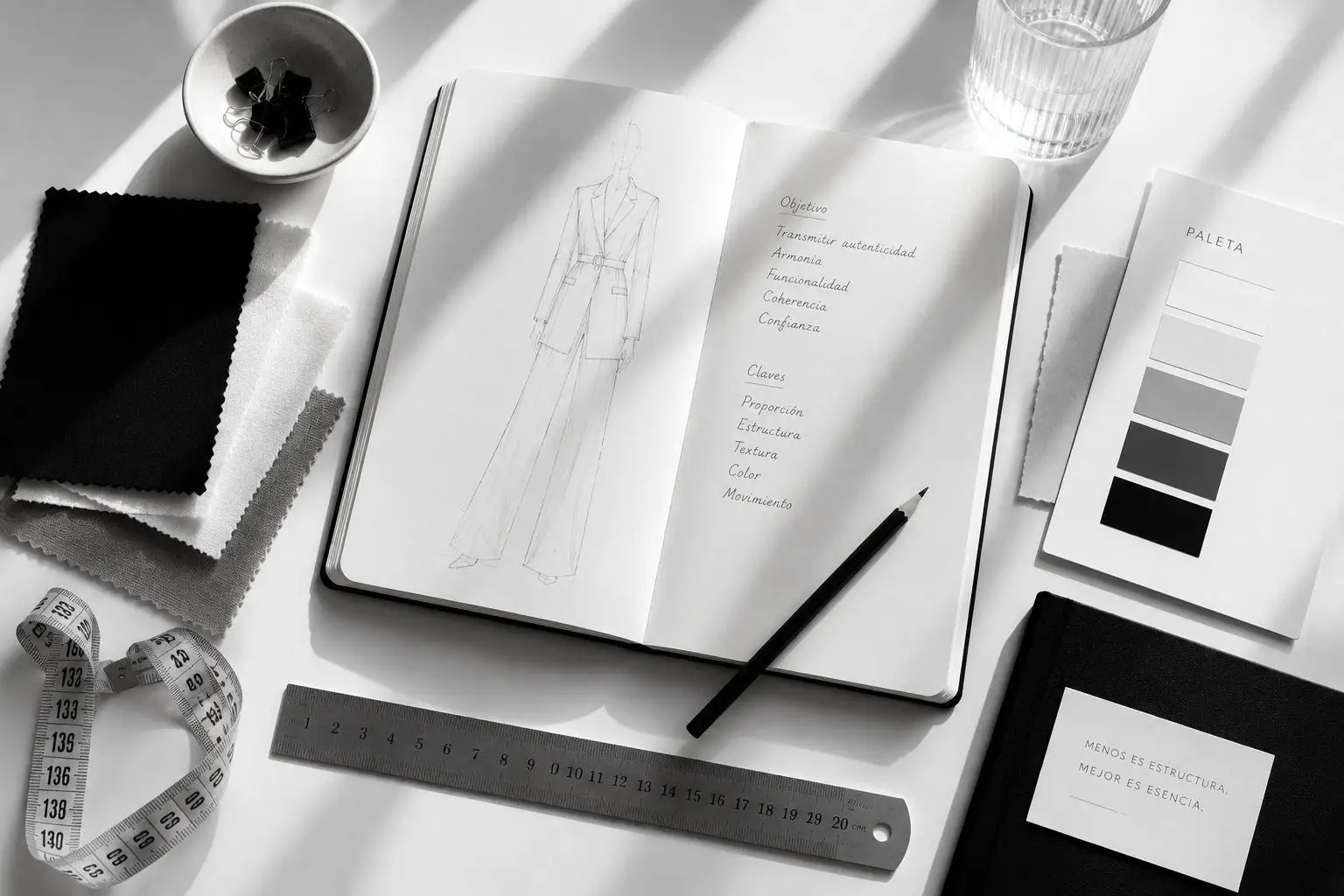 Cuaderno abierto con un figurín dibujado a lápiz, regla metálica, cinta métrica, muestras de tela en blanco, gris y negro, y una paleta impresa de grises.