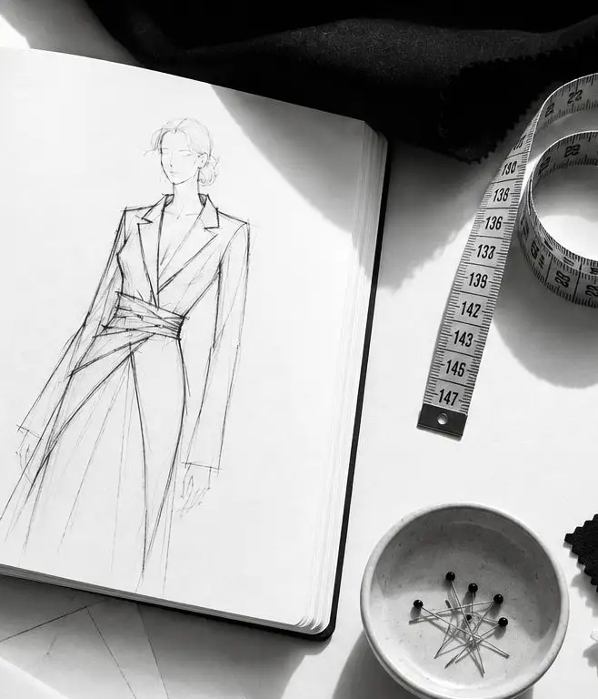 Cuaderno abierto con un figurín dibujado a lápiz sobre papel blanco.