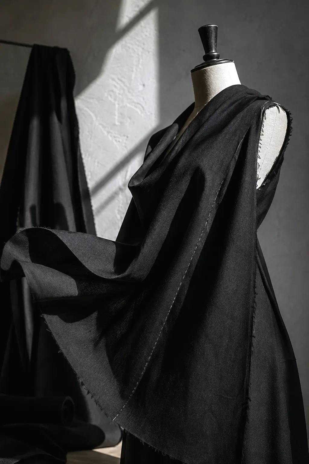 Maniquí de costura de taller, sin cabeza, forrado en lino crudo. Una tela negra de lana cae sobre el hombro formando pliegues profundos; los bordes están sin terminar y deshilachados, y una costura hilvanada con hilo blanco recorre la caída. Detrás, una pared gris con la sombra de una ventana.