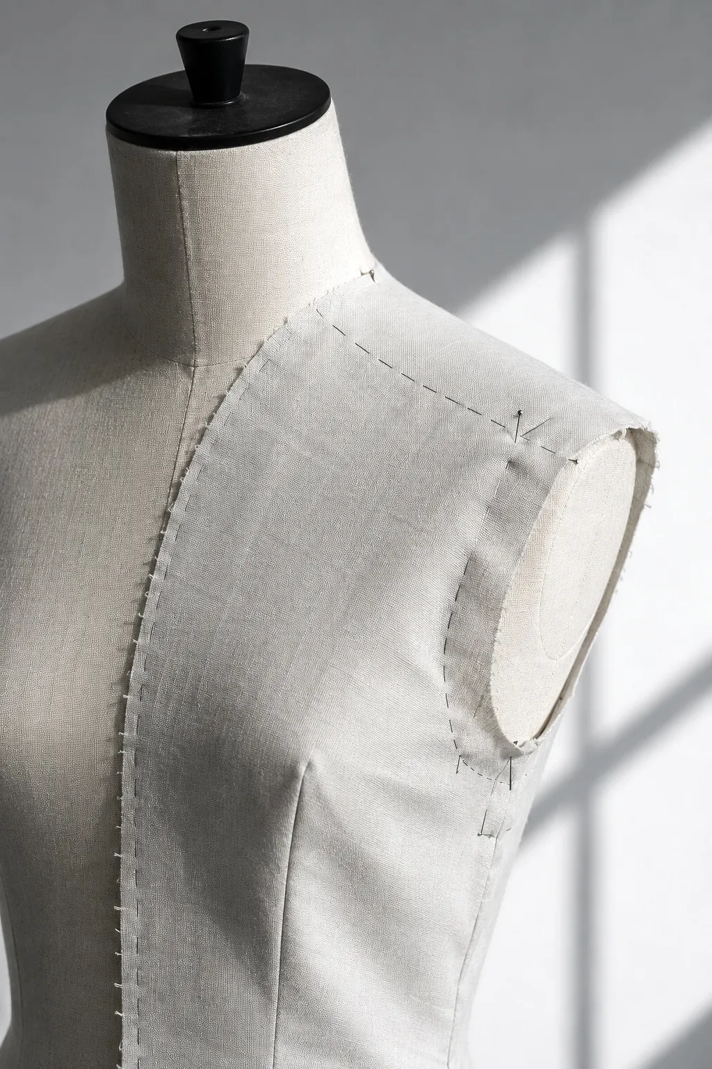 Maniquí de moulage de medio cuerpo, forrado en lino crudo y rematado por una perilla negra en lugar de cabeza. Sobre él hay una toile de lienzo prendida con alfileres: se ven la costura de hombro marcada con hilván, la curva de la sisa, una pinza que recoge el volumen del busto y el borde del paño sin rematar, deshilachado. La luz de una ventana proyecta su cuadrícula sobre la pared.