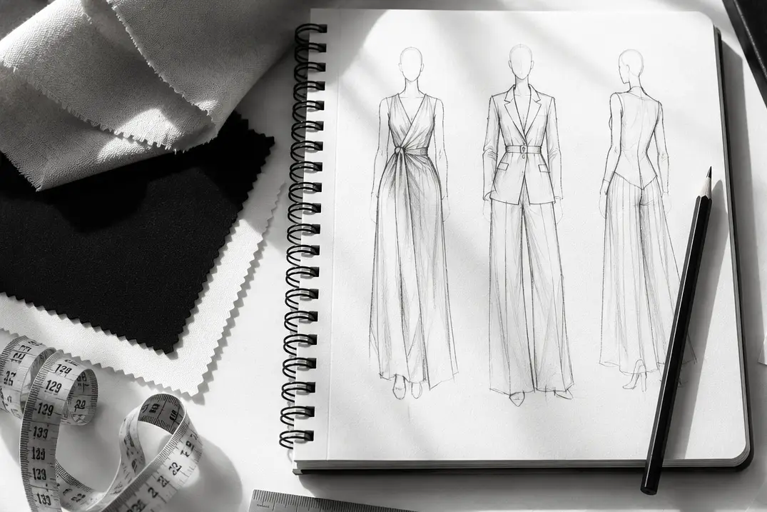 Mesa de trabajo en blanco y negro: un cuaderno de espiral abierto con tres figurines a lápiz —un vestido largo cruzado, un traje de saco y pantalón, y una vista de espalda—, una cinta métrica enrollada, muestras de tela negra y cruda, un lápiz y el canto de una regla metálica.