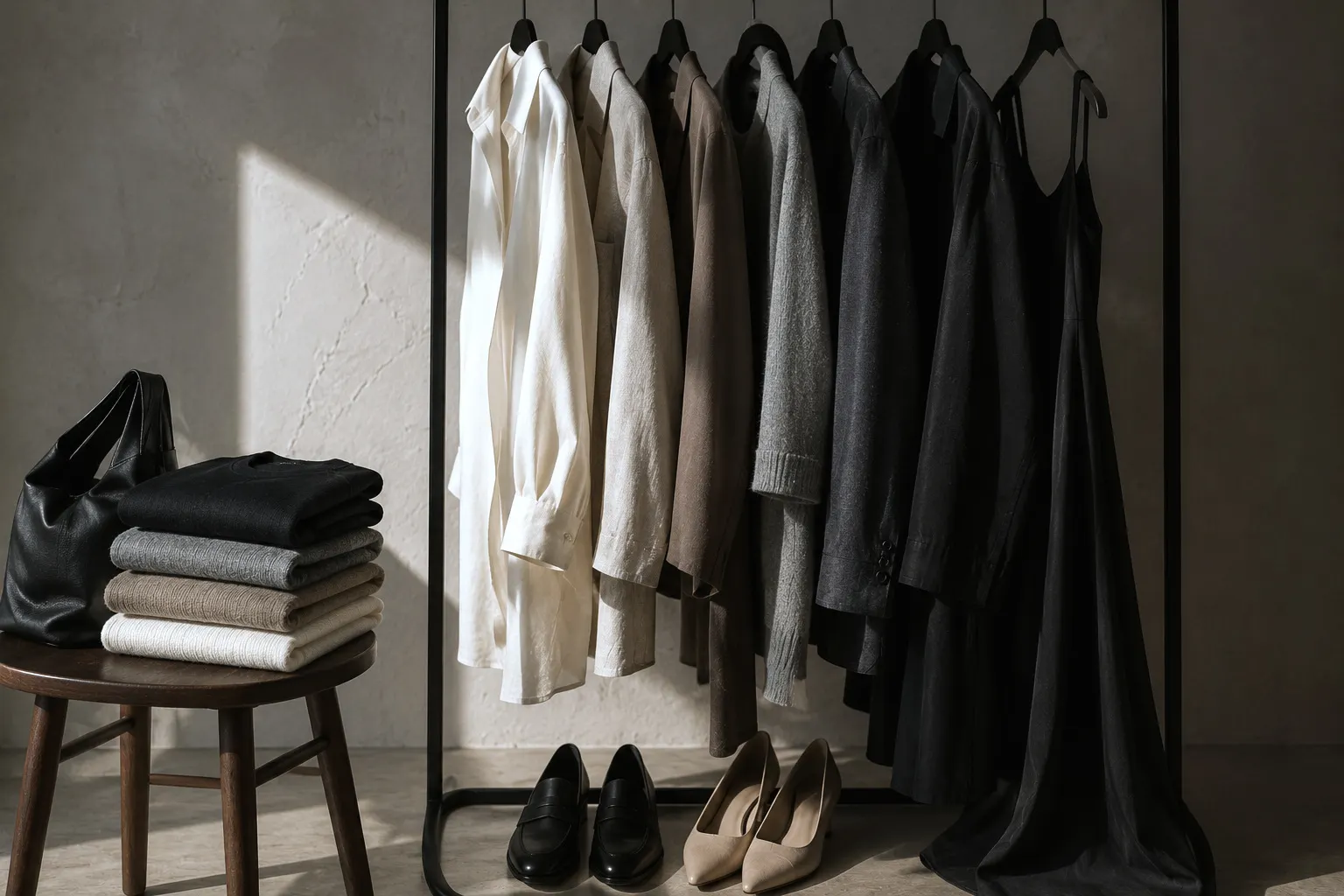 Perchero de caño negro con nueve prendas colgadas que van del crudo al negro: dos camisas de lino claro, una chaqueta de lino topo, un pulóver de punto gris, prendas gris oscuro y una chaqueta y un vestido lencero negros. A la izquierda, una banqueta de madera con cuatro tejidos plegados —negro, gris, topo y crudo— y un bolso de cuero negro. En el piso, unos mocasines negros y unos zapatos beige. Pared de revoque con luz lateral.