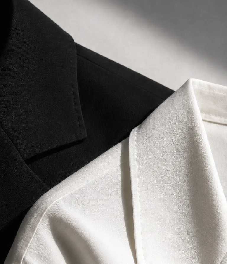 Dos sacos superpuestos en plano corto: uno negro y uno crudo. Se ven las dos puntas de cuello, el pespunte que recorre el canto de cada solapa, el quiebre de la solapa negra y la costura de hombro de la cruda. La luz lateral deja leer la trama de los dos tejidos.